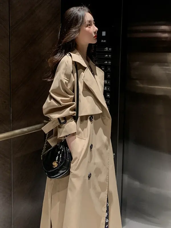 منتصف طول خندق معطف للنساء مزدوجة الصدر حزام طويل أسود معاطف الكورية نمط عادية سليم سترة واقية الخريف جاكيتات 2023