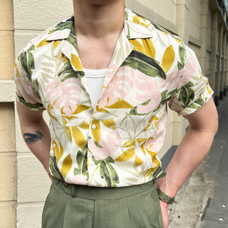 الشارع الشهير خمر نمط الأزهار الملونة قصيرة الأكمام قميص الصيف الشاطئ قميص الهيب هوب عطلة عادية القمم الرجال هاواي قميص