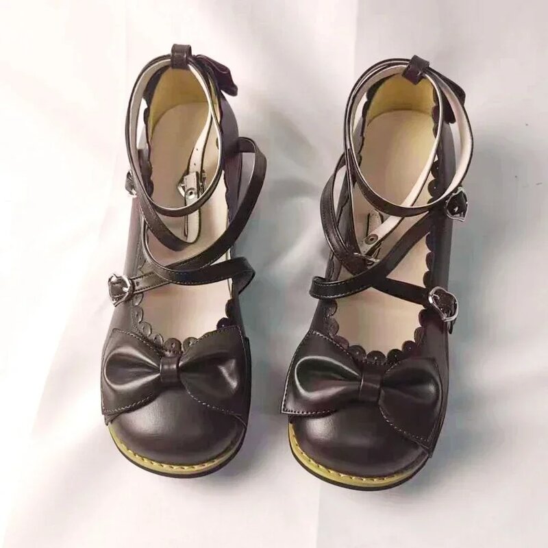 هانيشيري جديد لوليتا أحذية الأميرة أحذية الطلاب أحذية جميلة النساء الشقق منخفضة مستديرة مع الصليب الأشرطة القوس