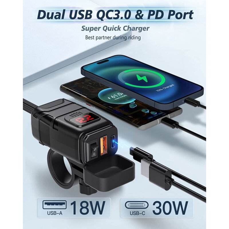 شاحن USB مزدوج نوع C PD سريع الشحن 3.0 شاحن دراجة نارية USB شاحن مع الفولتميتر والتشغيل/إيقاف التبديل