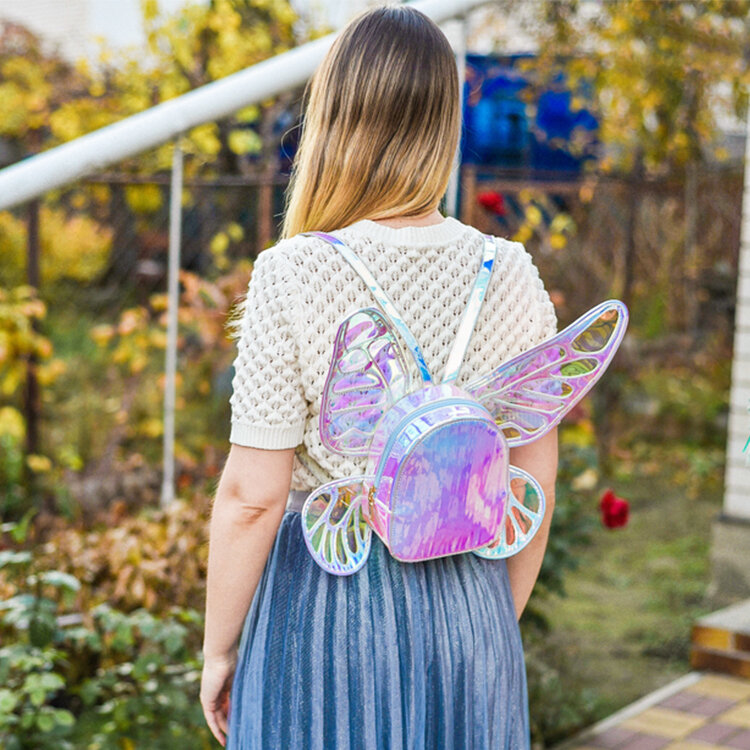 موضة المرأة الليزر حقيبة ظهر صغيرة فراشة أجنحة الملاك Daypack للفتيات السفر عادية Daypack حقيبة مدرسية الثلاثية الأبعاد جلدية