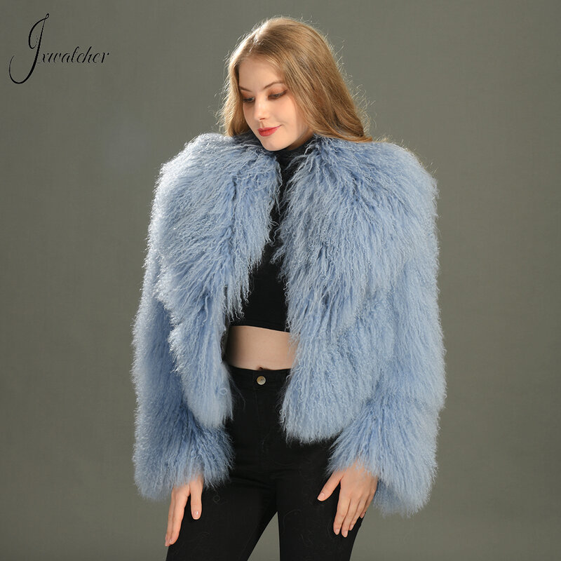 Jxwatcher-معطف الفرو المنغولي للنساء ، طوق كبير بدوره إلى أسفل ، معطف الفرو الحقيقي القصير للسيدات ، سترة دافئة رقيق ، أزياء الخريف الإناث ، الشتاء
