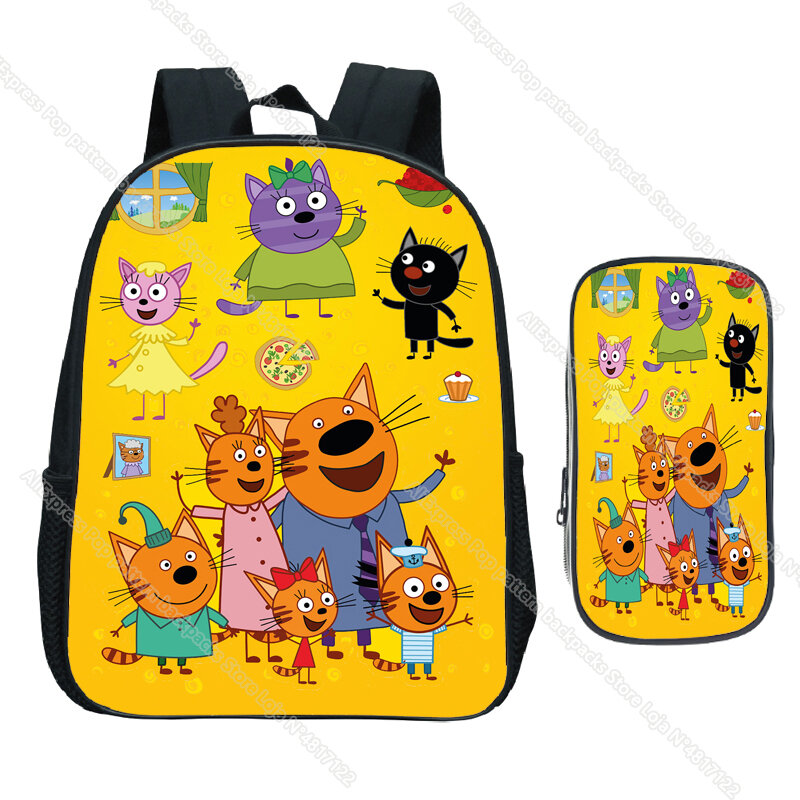 ثلاث قطط كرتونية مع حقيبة أقلام رصاص للأطفال ، حقائب رياض الأطفال ، القطط الإلكترونية للأطفال الأولاد والبنات ، 2 طقم حقيبة ظهر