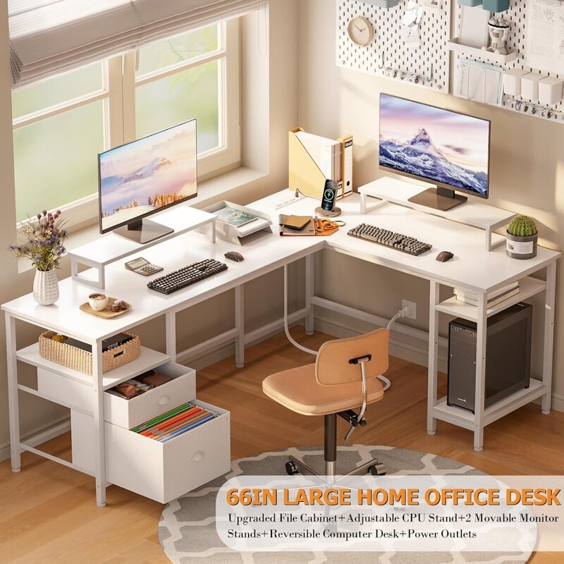 مكتب على شكل حرف L مع منفذ طاقة ، مكتب كمبيوتر قابل للعكس ، حاملتان للشاشة ، منزل أبيض ، 66 بوصة