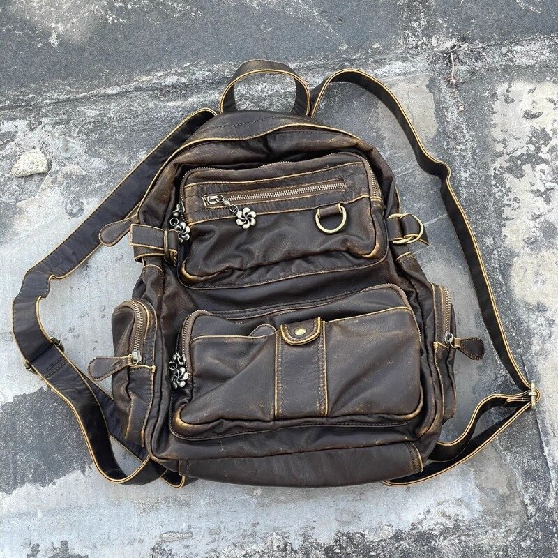 حقيبة ظهر جلدية Xiuya عتيقة للرجال والنساء ، حقيبة سفر بنية اللون ، سعة كبيرة ، أصلية غير رسمية ، أزياء مصممة ، أنثى ، Y2K