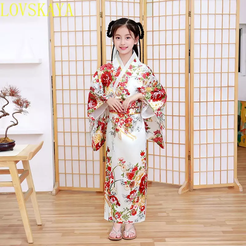 فستان رقص كيمونو للفتيات ، أسلوب عرقي ياباني ، زي عرض مسرح بطبعة زهور عتيقة