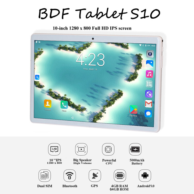 BDF 10.1 بوصة اللوحي جديد أندرويد 9.0 أقراص 3G/4G مكالمة هاتفية ثماني النواة 4GB/64GB ROM بلوتوث واي فاي 2.5D لوحة شاشة الصلب