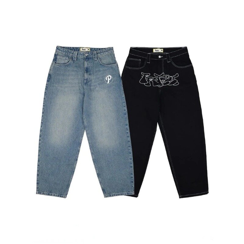جينز رجالي بالطراز الاجنبي مع جيوب بنمط الحروف ، سراويل فضفاضة مغسولة ، جينز غير رسمي عصري أسود وأزرق ، نمط الأكثر مبيعًا