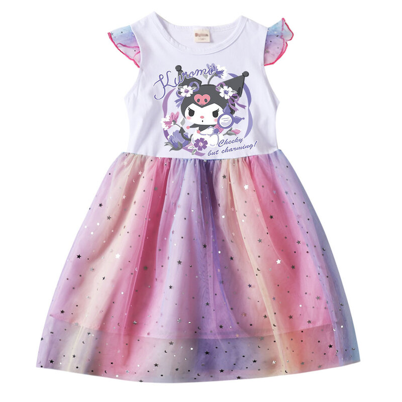 فستان الأميرة Sanrio الصيفي للأطفال ، أطفال ، كورومي ، أكمام طائرة ، شبكة قوس قزح ، ترتر ، ملابس حفلات ، جديد ،