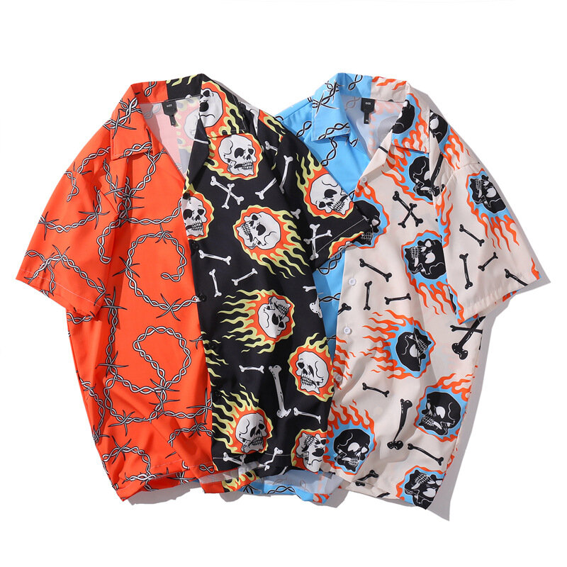 قميص صيفي عتيق بطباعة جمجمة من Hemd قميص ترينديول رجالي جديد بأكمام قصيرة للشاطئ هاواي قميص رجل شيميز كبير الحجم للرجال