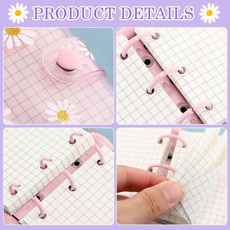 Mini Transparent PVC 3-Ring Binder Covers with 80 Inner Paper, 3pcs Binder Pockets, Mini Clear Daisy 3-Ring Loose-leaf Notebook