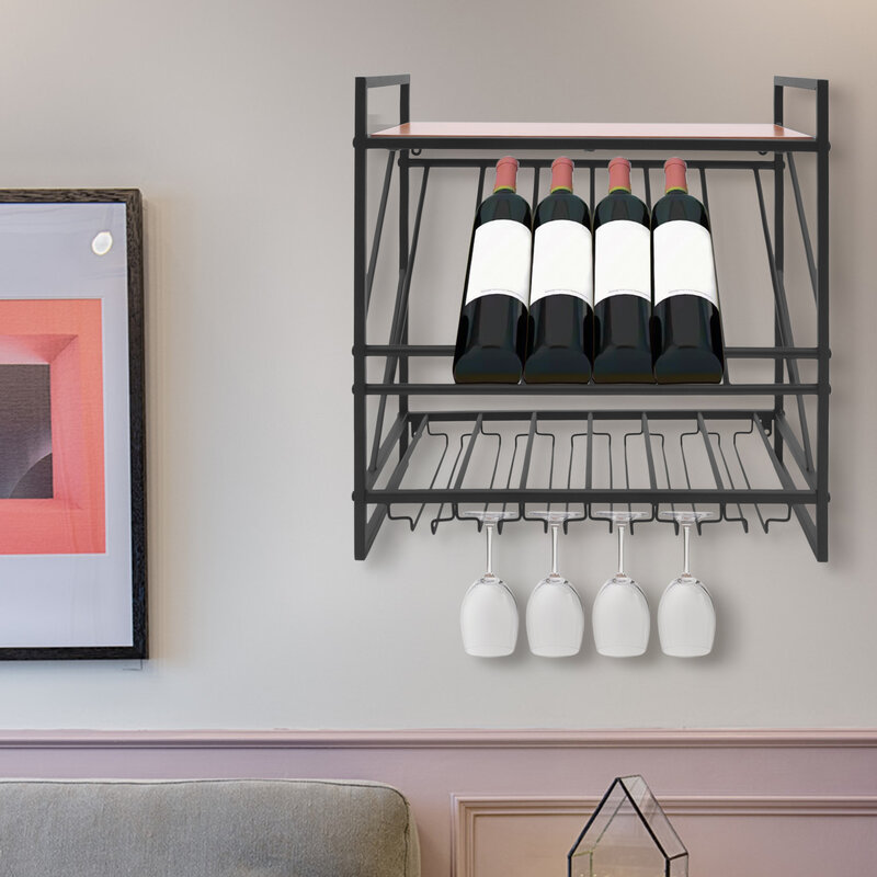 رفوف النبيذ الصناعية معلقة على الحائط رفوف النبيذ مع حامل نظارات ستيمواري وزجاجات النبيذ عرض الرف المطبخ