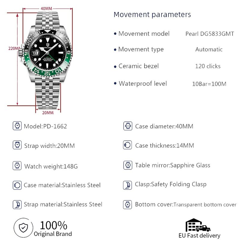ساعة يد ميكانيكية للرجال من زجاج الياقوت المقاوم للصدأ من الفولاذ المقاوم للصدأ مع تصميم باجاني فاخرة من GMT