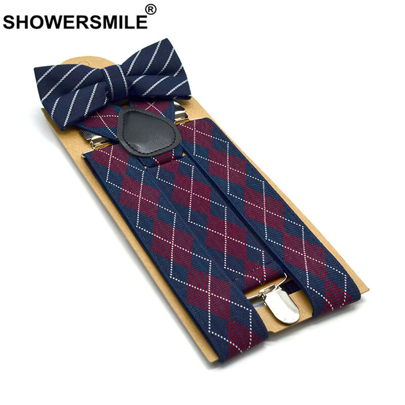 SHOWERSMILE ربطة القوس فيونكة الحمالات الرجال منقوشة رجل الحمالات حمالات ل بنطلون البريطانية خمر المرأة قميص الحمالات السراويل 3.5 سنتيمتر