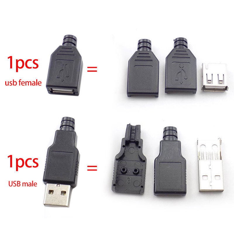 مقبس مهايئ USB ذكور وإناث 4 سنون ، موصل لحام بغطاء بلاستيكي أسود ، سدادة ذاتية الصنع ، نوع A ، 1 ، 5 ، 10