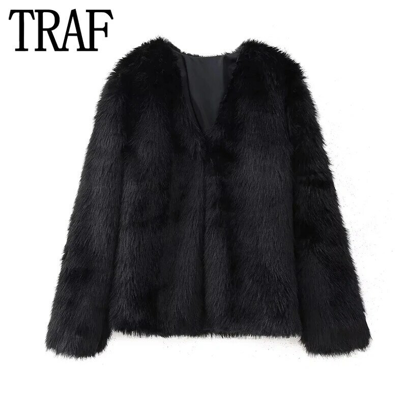 TRAF-معطف فرو صناعي فروي للنساء ، جاكيت أسود رقيق فاخر ، سترة بأكمام طويلة ، معاطف أنيقة ، شتاء