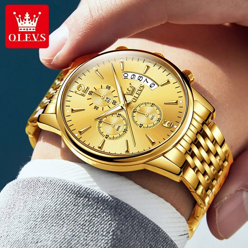 ساعة OLEVS-ساعة كوارتز ذهبية فاخرة للرجال ، فولاذ مقاوم للصدأ ، مقاوم للماء ، رياضة ، متعددة الوظائف ، كرونوغراف ، علامة تجارية