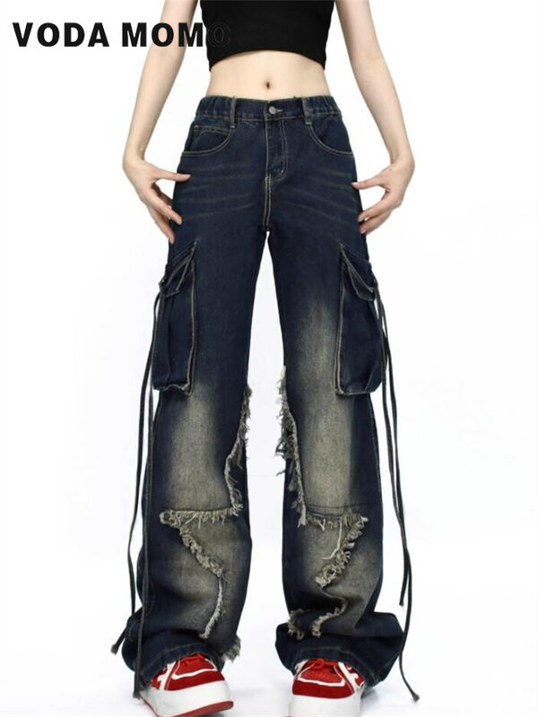 سراويل جينز فضفاضة مستقيمة للنساء ، خصر عالي ، جينز واسع الساق ، بنطلون نسائي ، ملابس الشارع الكلاسيكية ، أنيقة وعصرية ، جديدة وعصرية ، Y2K