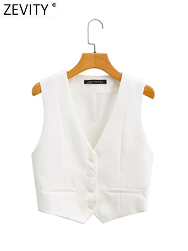 Zevity-سترة قصيرة صدر واحدة للنساء ، صدرية برقبة على شكل حرف v ، سيدة مكتب ، بدون أكمام ، بدلة بيضاء أنيقة ، رفيعة للأعمال ، ملابس علوية ، CT556 ، موضة