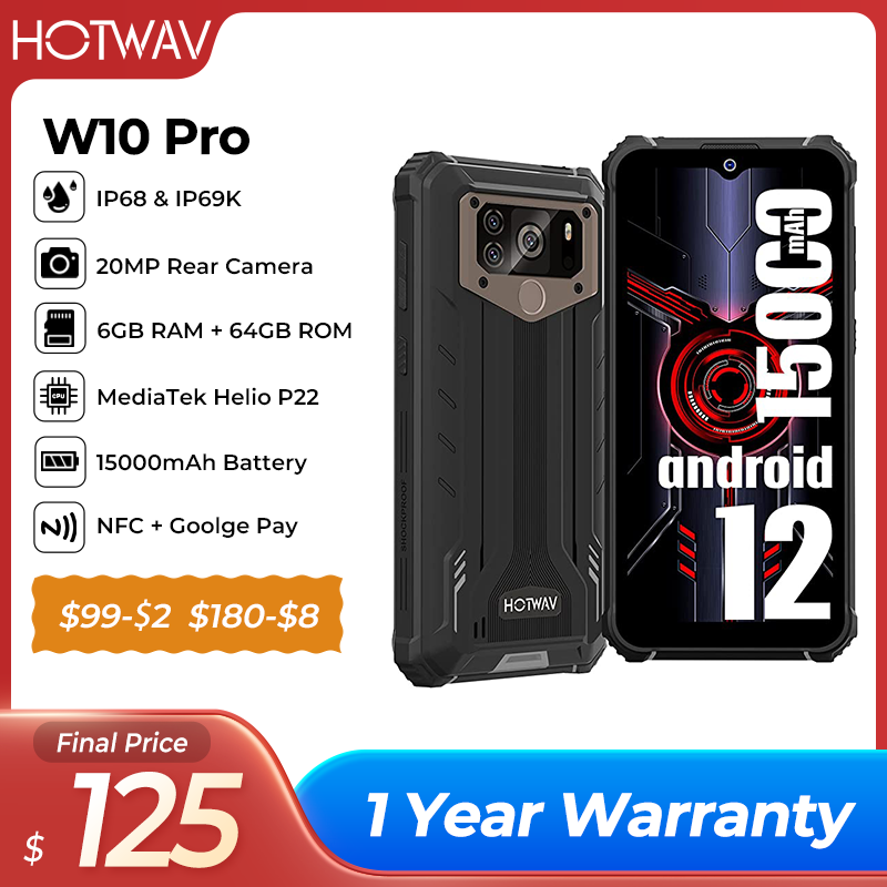 HOTWAV-W10 برو IP68 كاميرا خلفية مقاومة للماء ، P22 ، أندرويد 12 ، 6GB RAM ، 64GB ROM ، 6.53 "HD ، 20MP ، بطارية 15000mAh