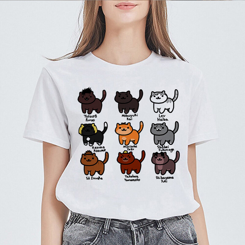 الصيف كوع تي أنثى قميص الأساسية بوتر القطط س الرقبة قصيرة الأكمام طباعة Harajuku القمم المرأة تي شيرت عادية Kawaii السيدات تي شيرت