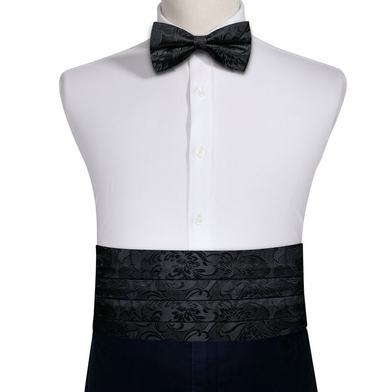 رسمي أسود الأزهار Cummerbund الرجال Clssic الحرير ربطة منديل أزرار أكمام مجموعة الأعمال الزفاف مصمم الحفلات باري وانغ