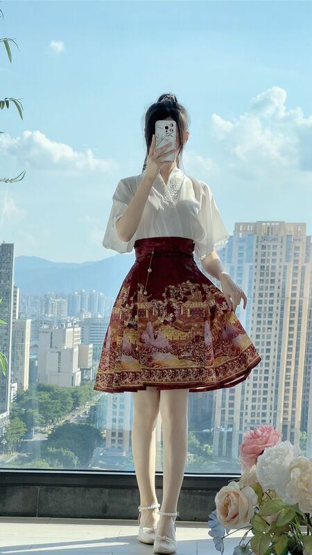 تنورة هانفو معدلة ، على الطراز الصيني غير الرسمي ، جميلة وعصرية ، مطبوعة عالية الخصر ، صيف الشارع