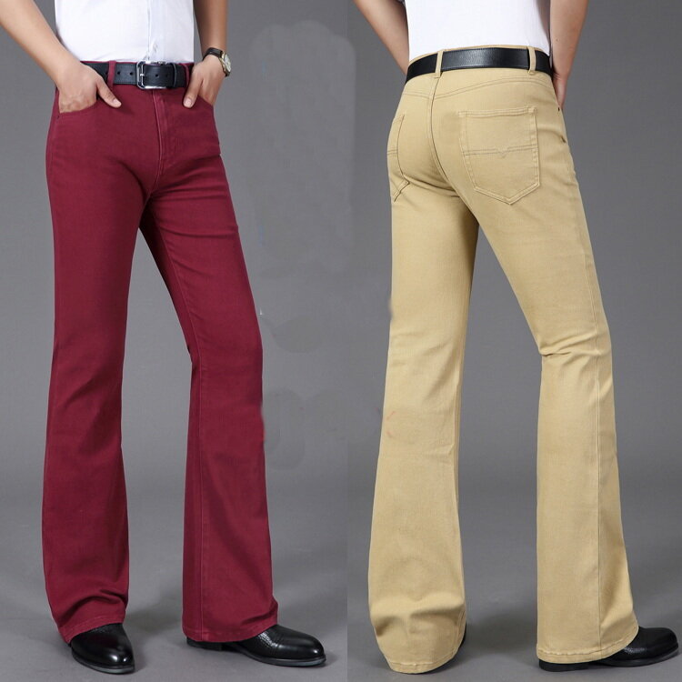 بنطلون جينز رجالي متوهج متوسط الارتفاع مرن ومتوهج جينز موضة للرجال بنطلون جينز للرجال متعدد الألوان مقاس 26-40