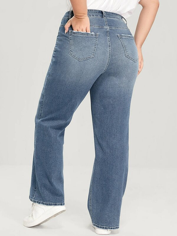 جينز نسائي بأرجل واسعة مقاس كبير للنساء بخصر عالٍ جينز نسائي مستقيم مطاطي بطول كامل 100 كجم/الساعة 175 سم بنطلون جينز طويل
