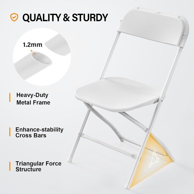 كرسي بلاستيكي أبيض قابل للطي من VINGLI ، مقعد تجاري محمول قابل للتكديس بإطار فولاذية ، كرسي داخلي وخارجي 350 رطل ، 10 عبوات