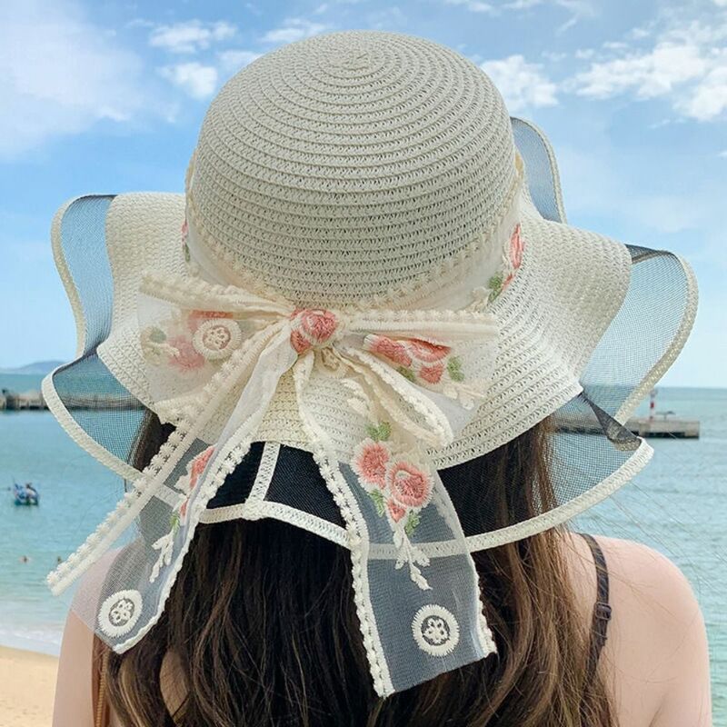 قبعة شمس غير رسمية للنساء ، قوس دانتيل ، حماية من أشعة الشمس ، قبعة صياد ، قبعة شمسية للعطلات الشاطئية ، قبعة صيفية حلوة
