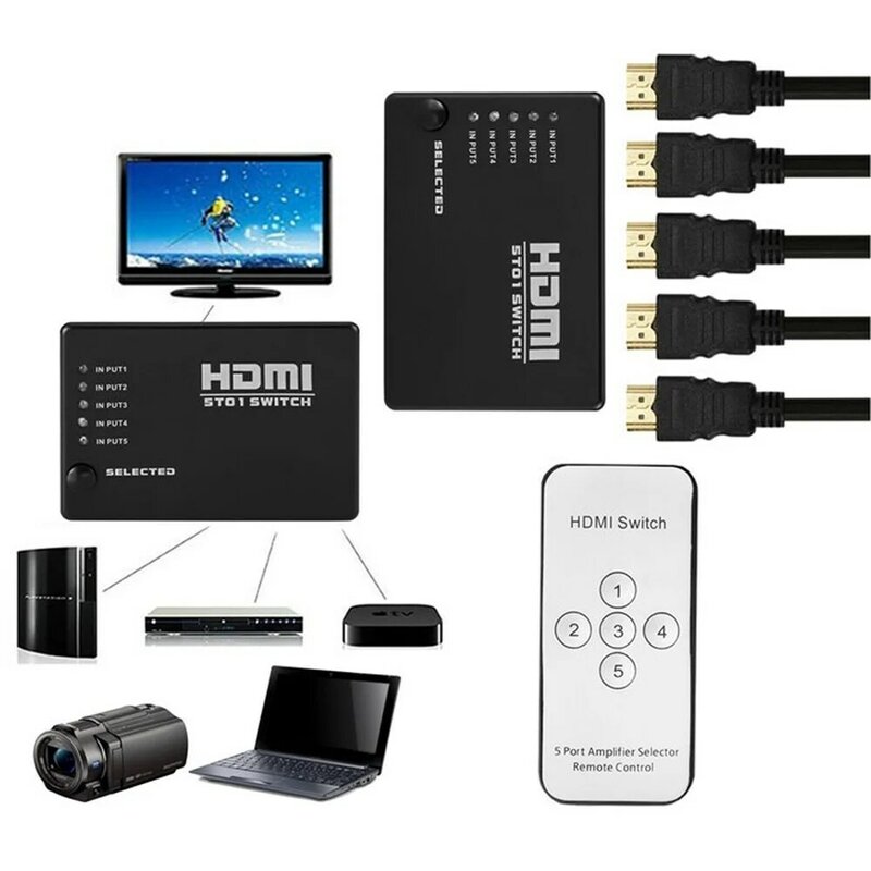 HDMI-متوافق متعدد المنافذ 3 أو 5 منافذ الفاصل التبديل محدد الجلاد المحور + البعيد ل HDTV الكمبيوتر الساخن ل DVD STB لعبة HDTV I5