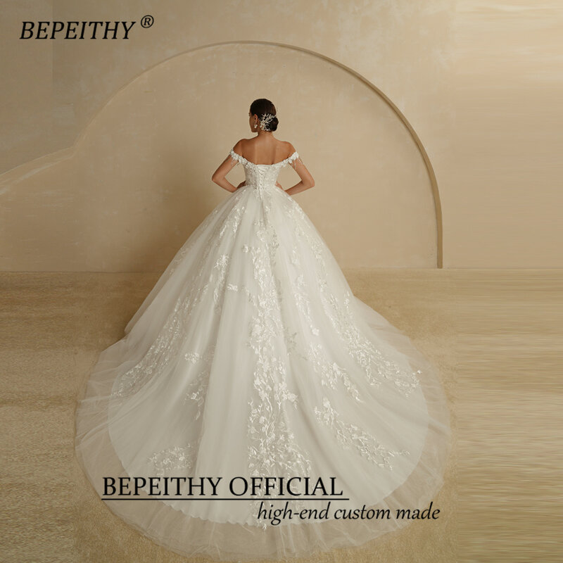 BEPEITHY مثير قبالة الكتف بلا أكمام فلور الأميرة ثوب زفاف 2022 للنساء رخيصة على الانترنت العاج الخامس الرقبة الدانتيل فساتين زفاف