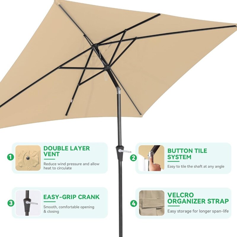مظلة طاولة فناء مستطيلة مع زر ضغط ، إمالة وكورنك ، خارجية ، متينة ، سوق ، من من من الخارج ، × 10 قدم