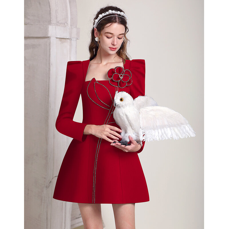 المرأة هيبورن نمط ثلاثية الأبعاد زهرة فستان أحمر ، أنيقة ، الرجعية ، الخريف ، صغيرة ، جديدة
