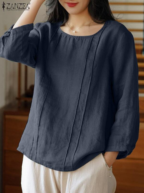 ZANZEA-بلوزة قطن للنساء ، قميص برقبة دائرية ، كم عتيق 3/4 ، سترة تونيك ، قميص نسائي ، مقاس كبير ، عطلة ، خريف