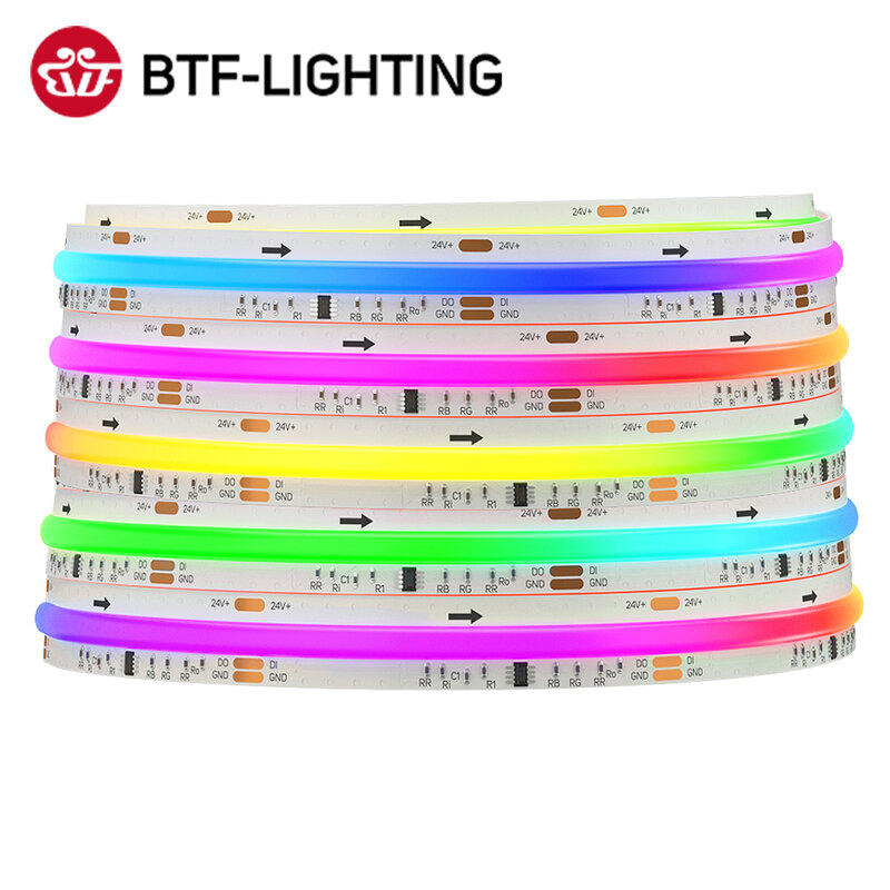 شريط إضاءة LED قابل للعنونة ، FCOB SPI ، RGB IC ، لون الحلم ، أضواء فوب مرنة عالية ، أضواء COB ، 720 ، 630 LEDs ، DC12V ، 24V ، RA90