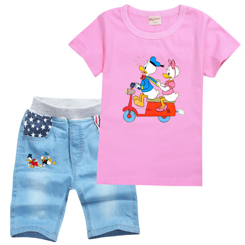 طقم شورت Donald Duck بأكمام قصيرة للأولاد والبنات ، ملابس مريحة غير رسمية للنساء والرجال ، ملابس كرتونية ، الصيف