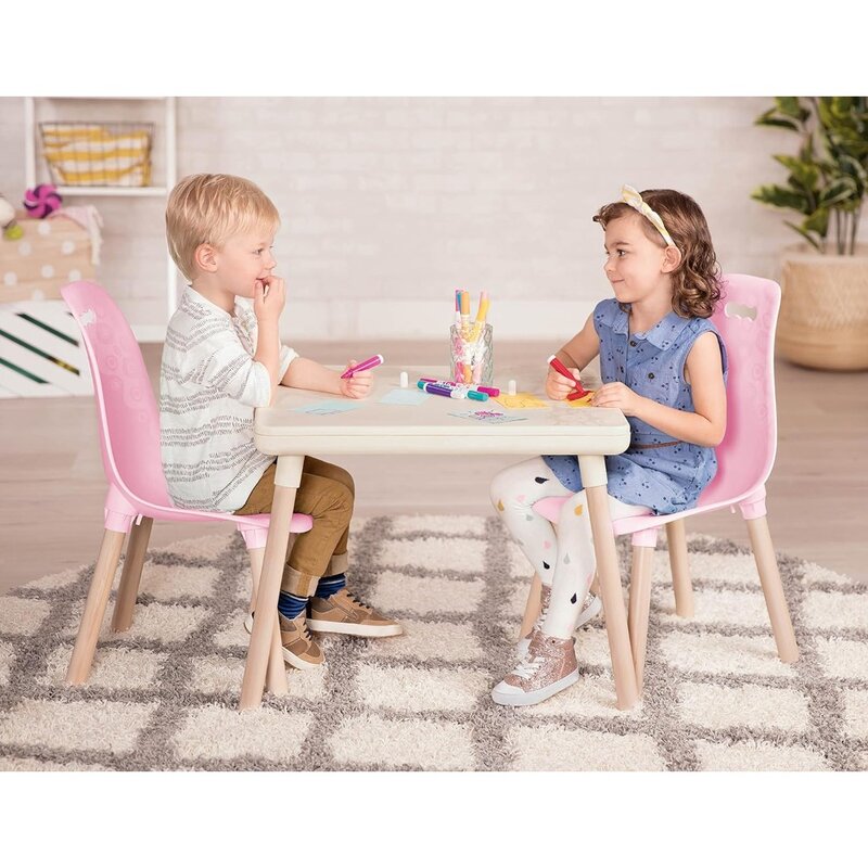 طاولة وكرسي لأثاث الأطفال ، طاولة حرفية واحدة وكرسيين ، أرجل خشبية طبيعية ، عاج وردي