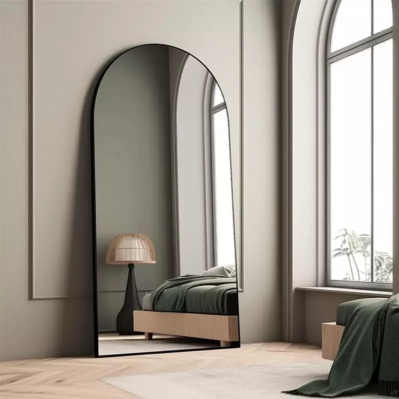 مرآة مقوسة بطول كامل مع حامل ، إطار من سبائك الألومنيوم ، مرآة أرضية كبيرة لغرفة المعيشة ، سوداء ، مثبتة على الحائط ، مائلة