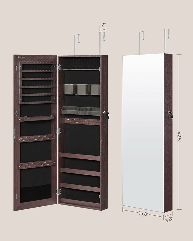 SONGMICS-خزانة مجوهرات ، وحدة منظم قابلة للقفل مثبتة على الحائط ، صواني تخزين مستحضرات تجميل بلاستيكية ، بطول كامل