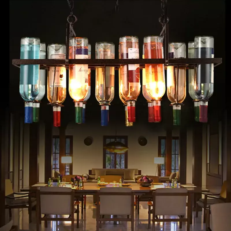 الرجعية الصناعية الصدأ المعادن الملونة زجاجة النبيذ الزجاج الثريا ، الثريا الأمريكية ل مقهى بار مطعم ، LED مصباح قلادة الزخرفية