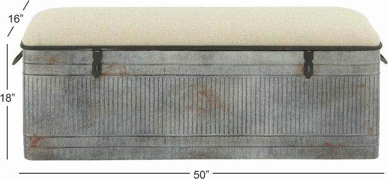 مقعد تخزين معدني مجلفن مع سطح خيش كريمي ، ديكو رمادي 79 ، 50 بوصة × 16 بوصة × 18 بوصة