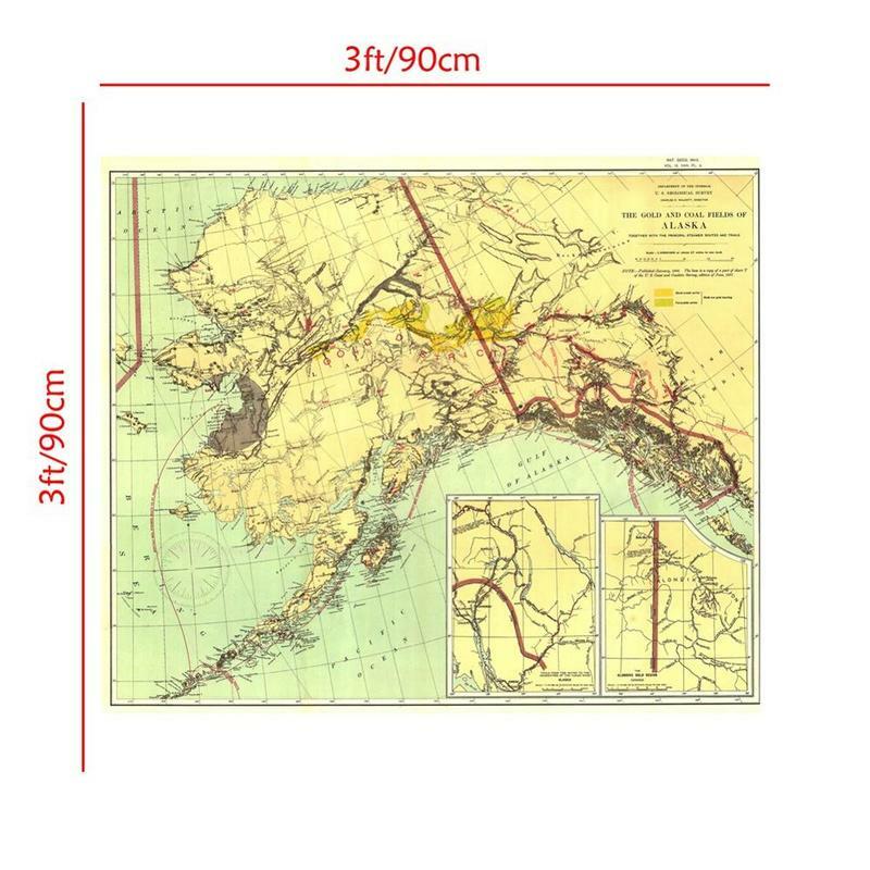 1898 طبعة Decor خريطة ديكور دهان ديكور الجدار الذهب وحقول الفحم من ألاسكا خريطة 90x90 سنتيمتر رذاذ الطلاء لغرفة المعيشة