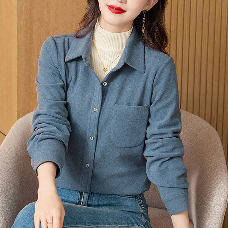 أزياء المرأة الكورية بدوره أسفل طوق زر أعلى قميص ، الخريف الشتاء أنيقة بلوزة سميكة ، الصلبة طويلة الأكمام قمم فضفاضة