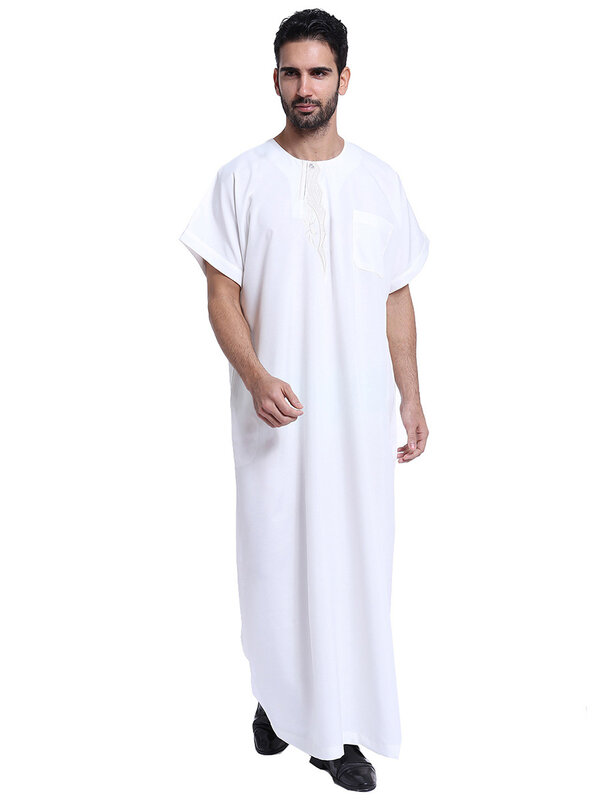 قمصان طويلة عصرية للرجال العرب بأكمام قصيرة ورقبة دائرية رداء رجالي بلون سادة وقفطان إسلامي قمصان طويلة جوبا ثوب غير رسمي