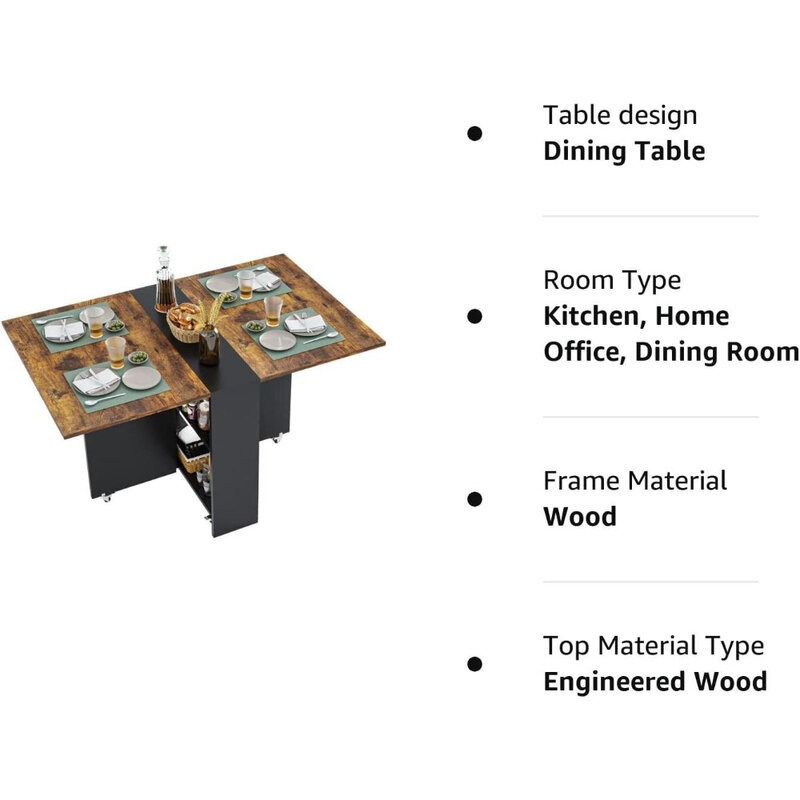 طاولة طعام قابلة للطي مع 6 عجلات ، طاولة متساقطة للأماكن الصغيرة ، طاولة طعام قابلة للطي مع مستويين من أرفف التخزين