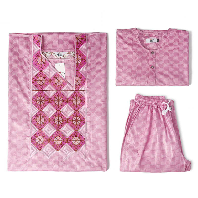 H & D جديد الملابس الأفريقية للرجال بازان التقليدية التطريز Dashiki الوردي رداء طويل الأكمام قميص السراويل 3 قطعة مجموعة الزفاف عباية