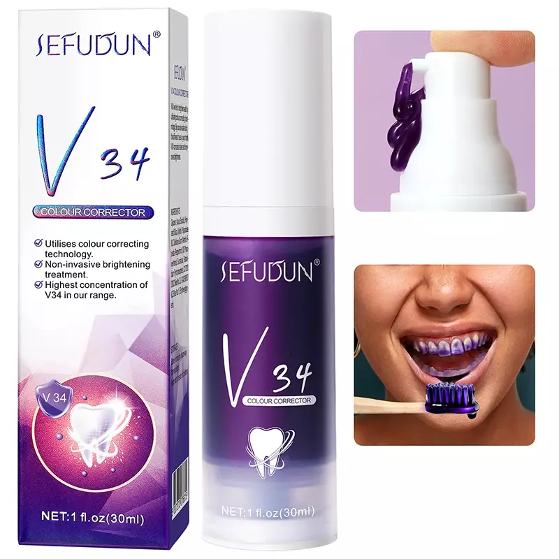 V34 معجون أسنان أرجواني لتبييض الأسنان ، إزالة نفس منعش ، تنظيف بقع الأسنان ، نظافة الفم ، التبييض والتبييض ، 30 *