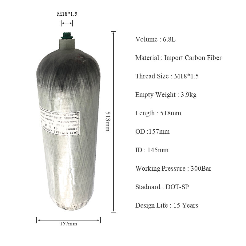 Acecare ألياف الكربون اسطوانة 6.8L نقطة الغوص 300bar الكربون اسطوانة الغوص 4500psi للسلامة من الحرائق